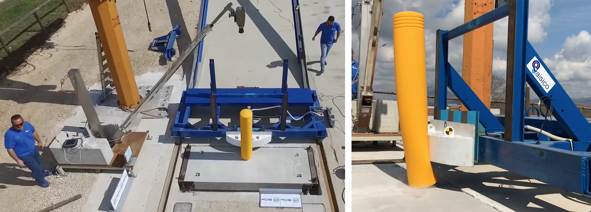 McCue safety bollard during dynamic impact testing at Aisico, an accredited European independent third-party testing laboratory