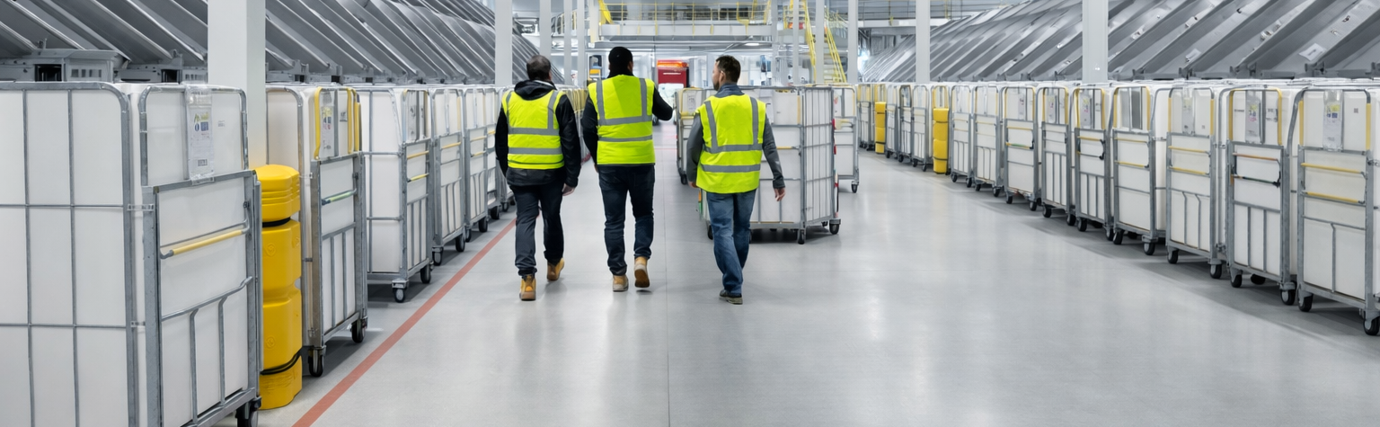 McCue team walking a warehouse aisle during a facility safety assessment