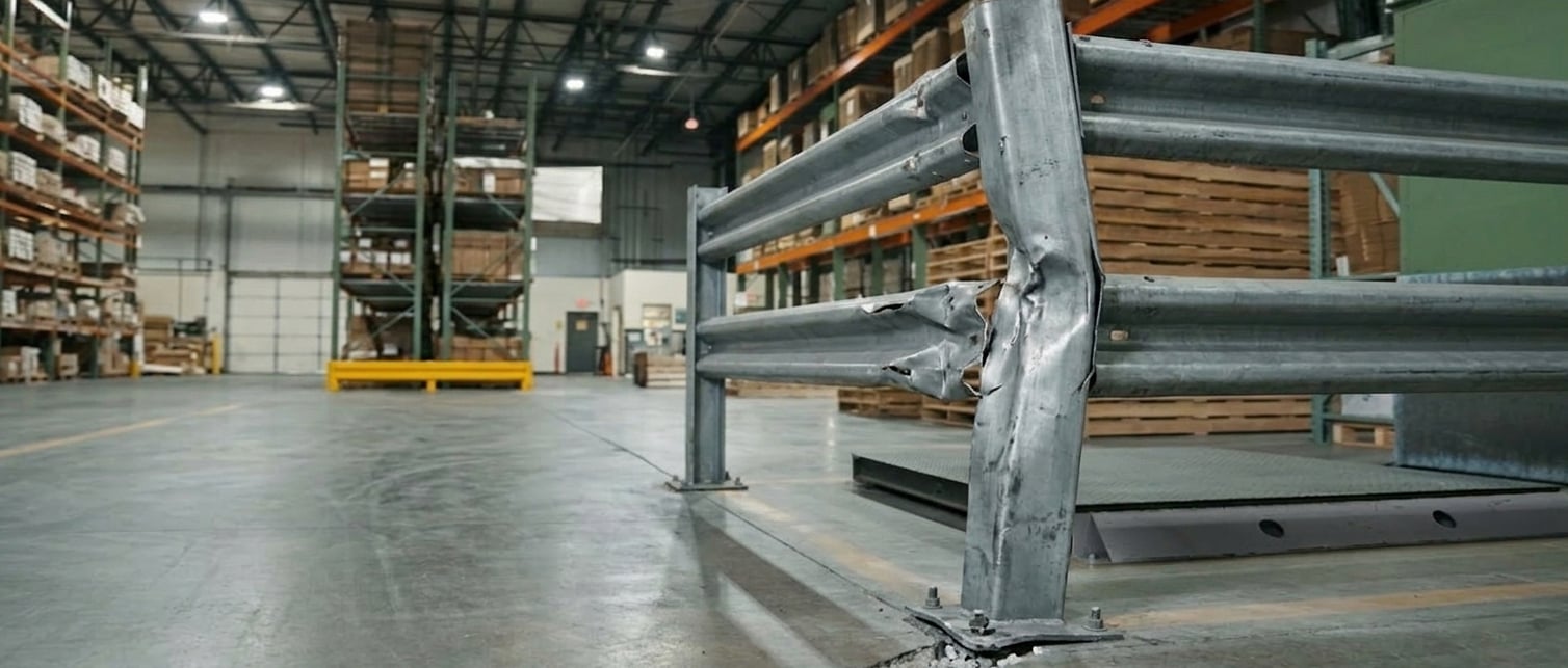 Severely damaged steel guardrail post in a distribution center showing repeated forklift impact — a signal of unaddressed exposure risk
