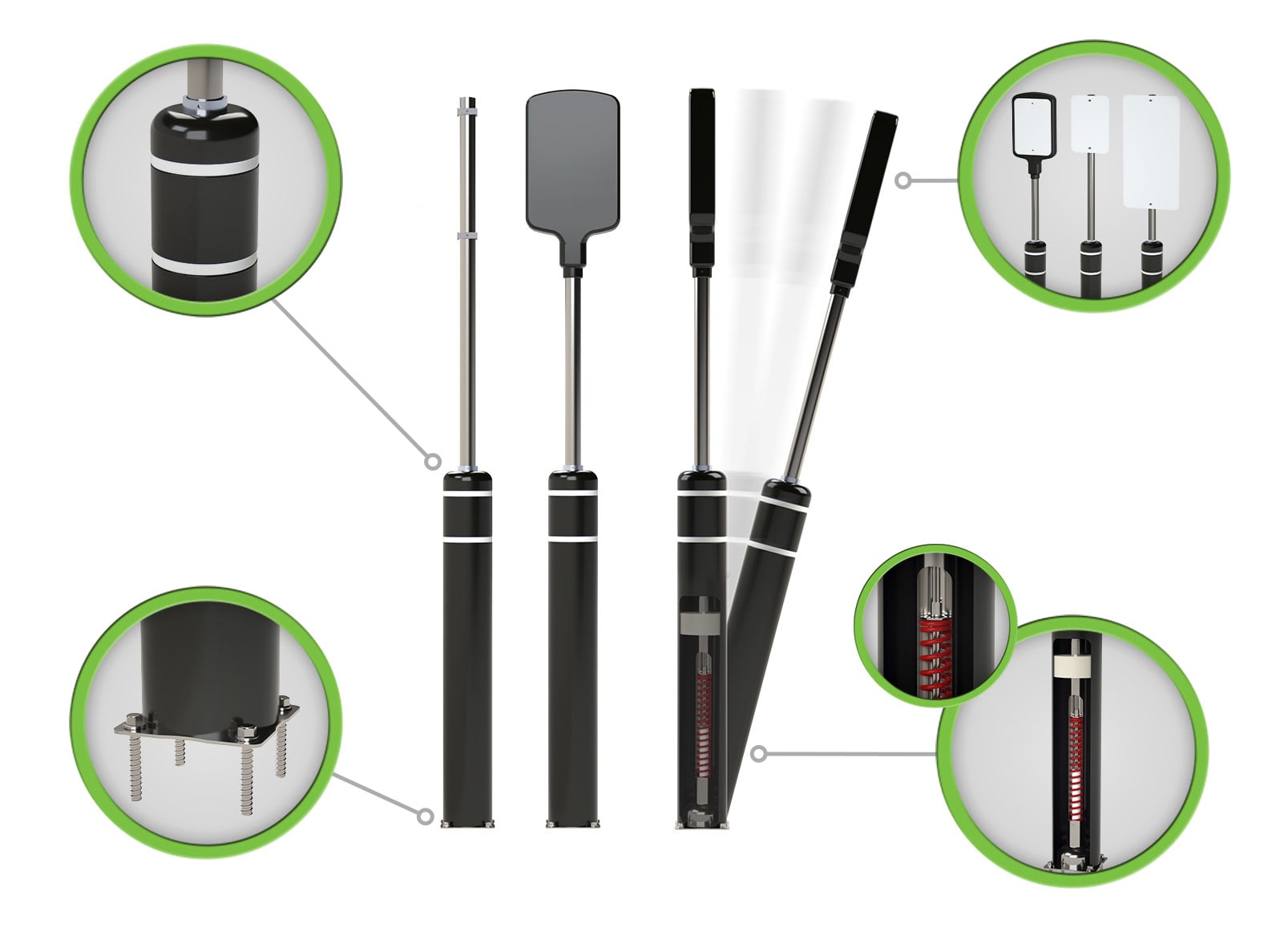 A closer look diagram of BumperSign FlexPost, internal components and sign options in green circle callouts.