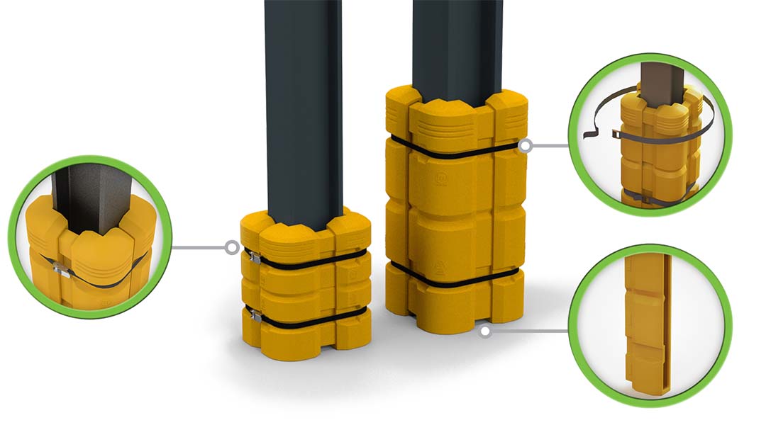 ColumnGuard on a steel column, with callouts on the tongue-in-groove joints and the ratchet strap.