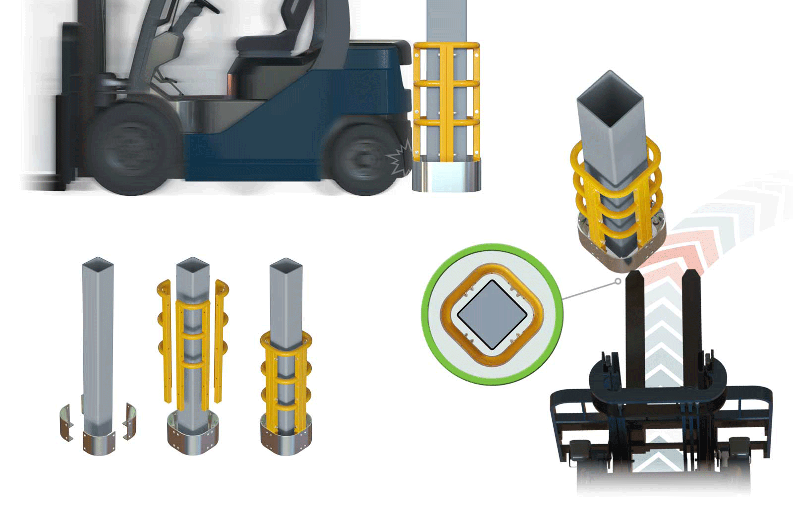 ColumnProtector diagram of a forklift near a protected column, corner and extender options, and low-level fork protection.