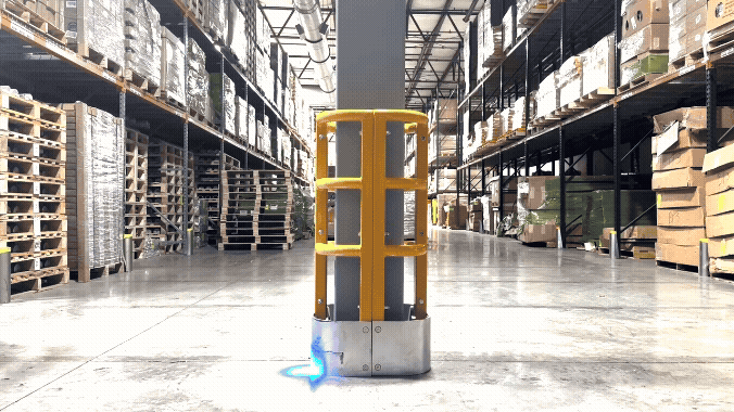 Animation of a forklift striking ColumnProtector on a steel column in a warehouse aisle as the guard absorbs the impact.