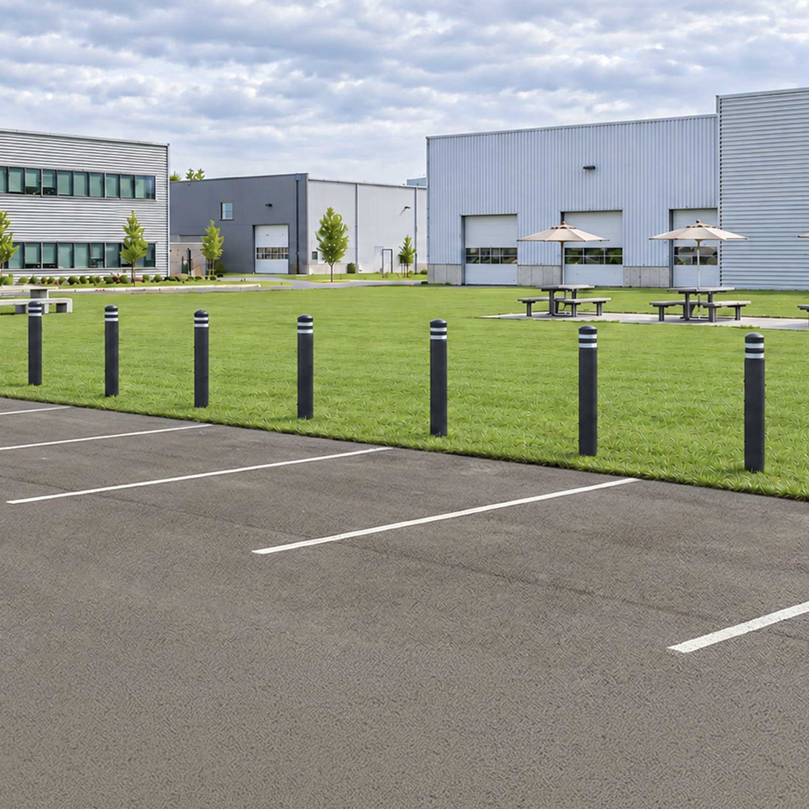 CrashCore Bollard S10 Soil lining the grass edge of a parking lot in front of an office campus and picnic area