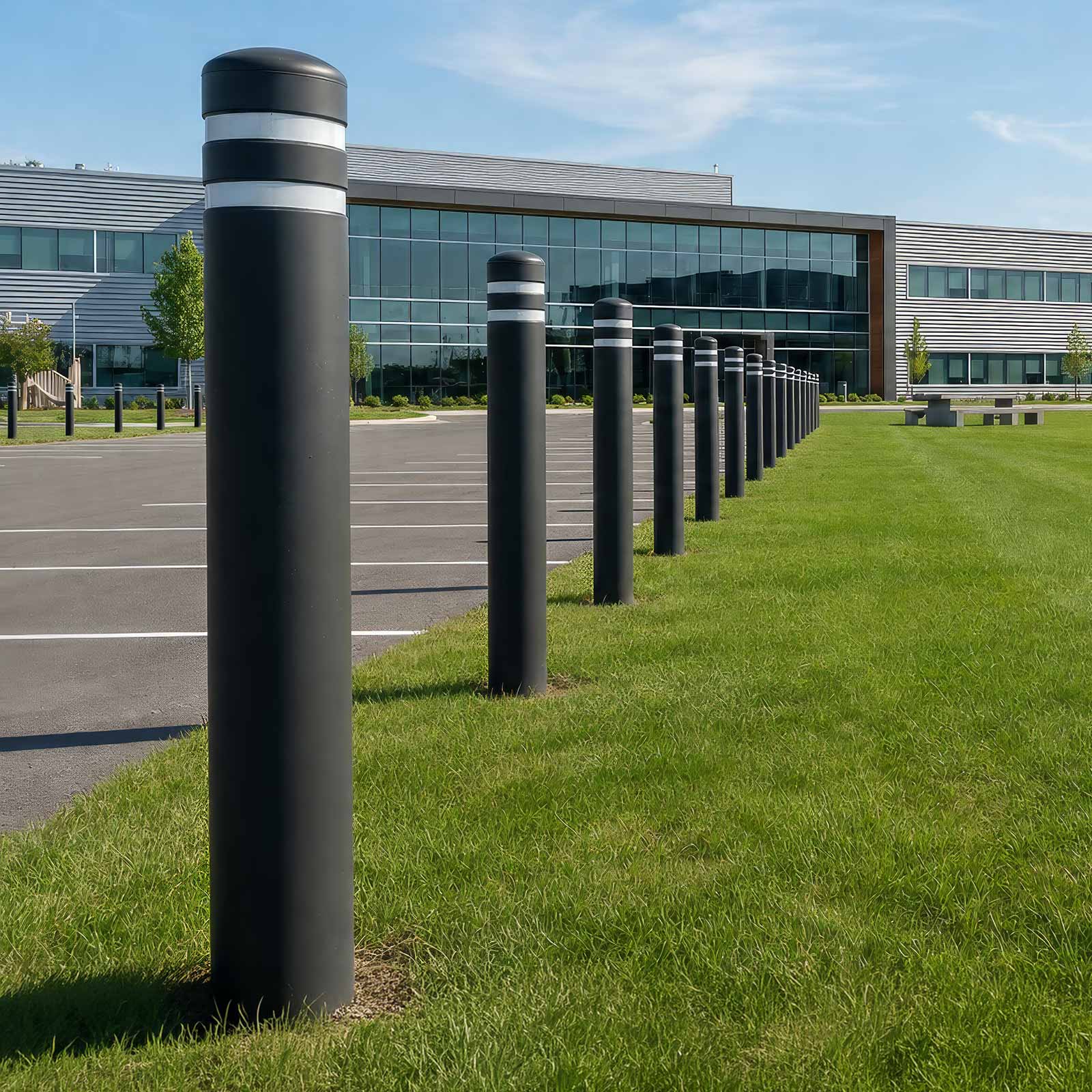 Row of CrashCore Bollard S10 Soil bollards in the grass along the edge of a parking lot at an office building