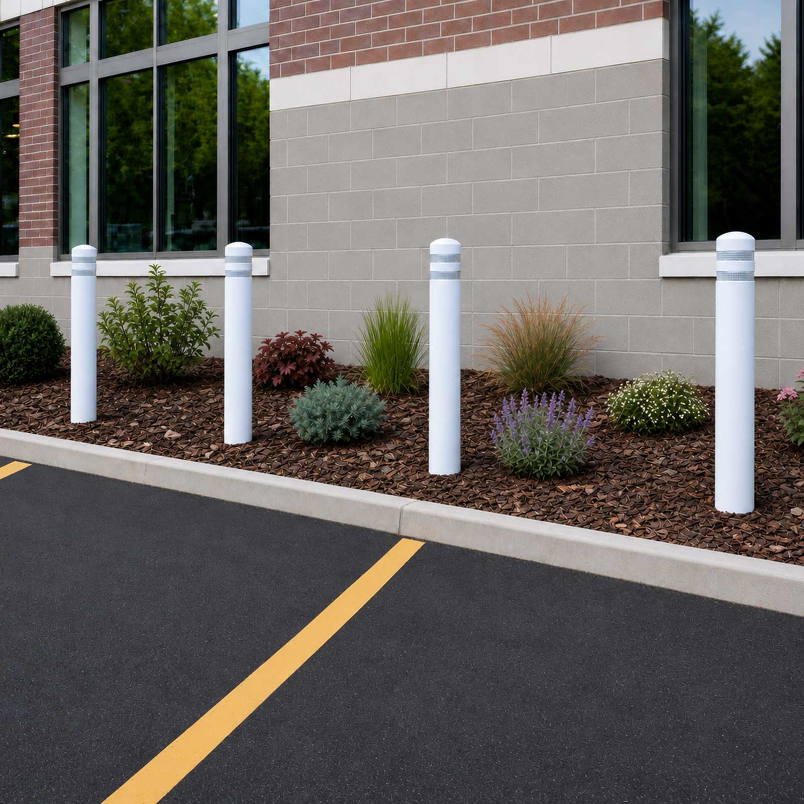 CrashCore Bollard S10 Soil with white covers in a mulched landscape bed along a parking lane at a commercial building