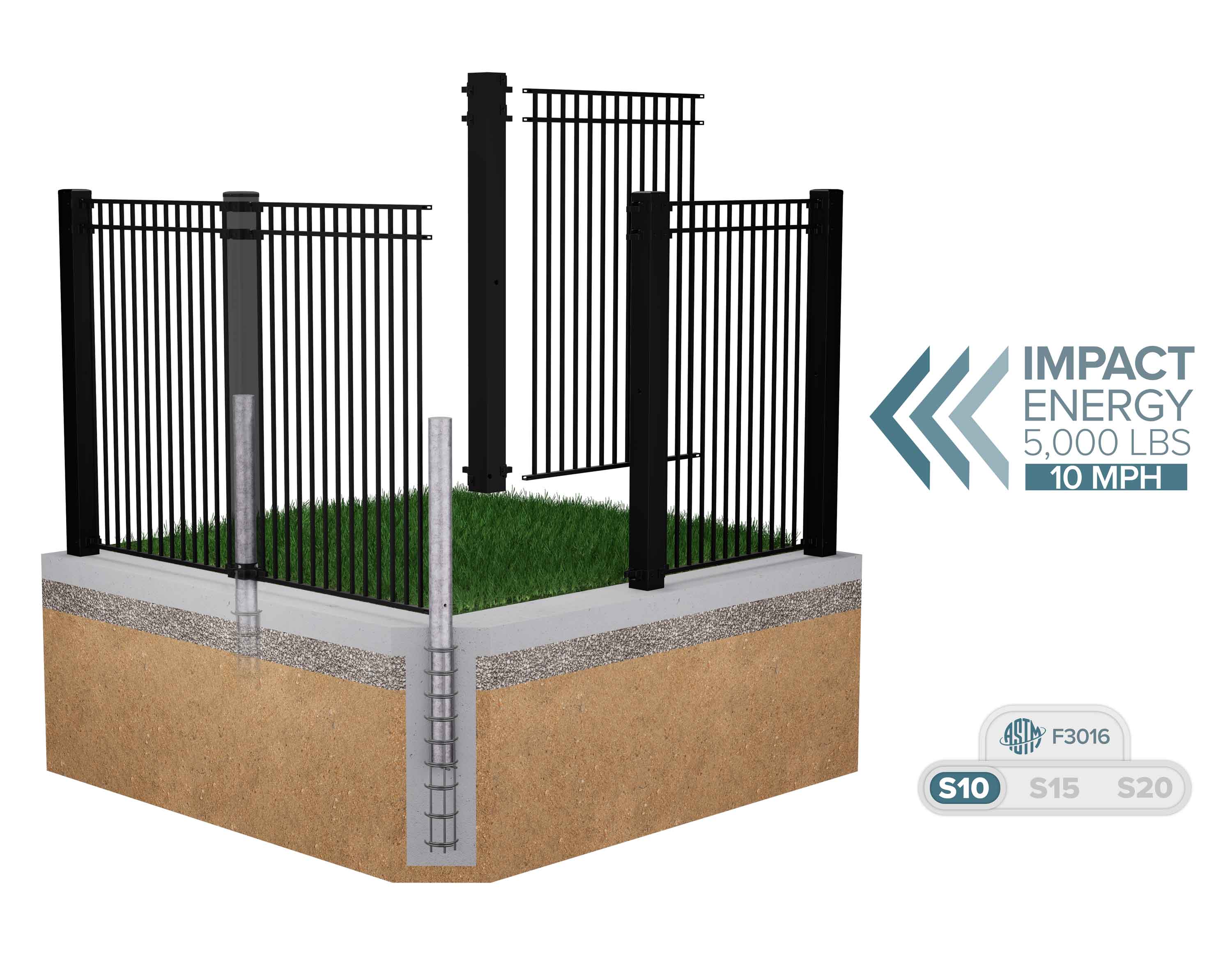 Cutaway of the CrashCore Ornamental Fence S10 showing the crash cores and rebar cage set in concrete under the fence posts.