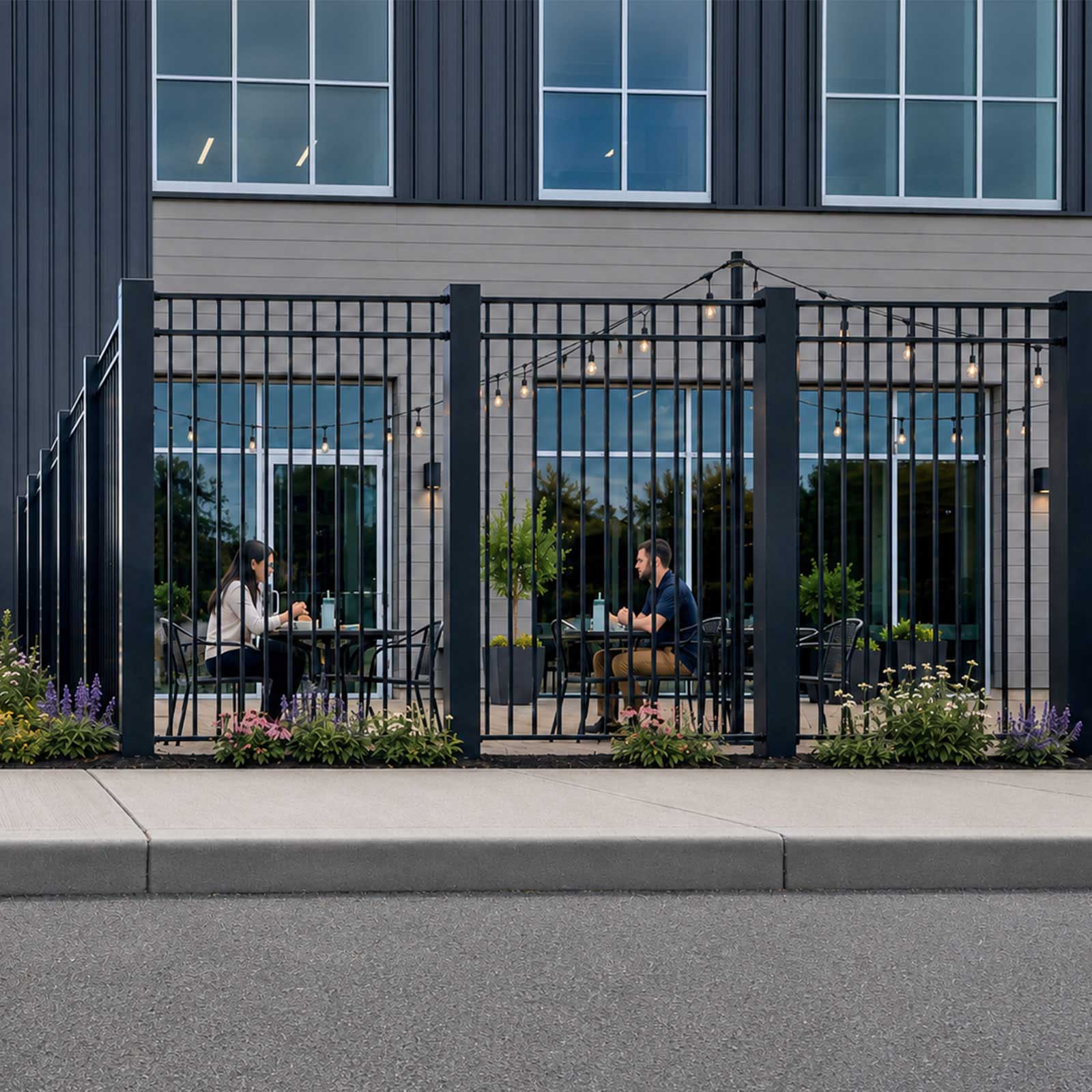 CrashCore Ornamental Fence S10 enclosing an outdoor dining patio where guests sit at tables