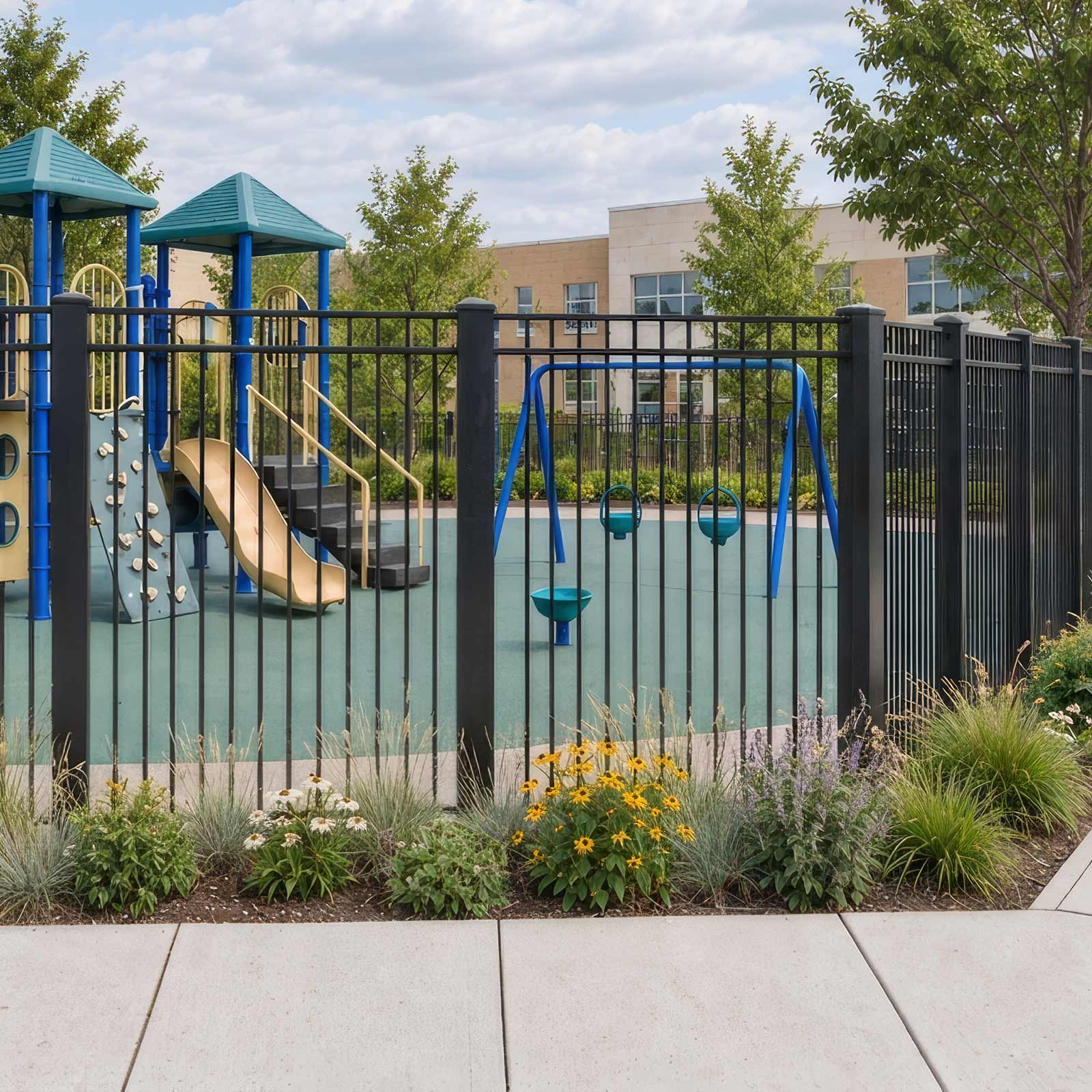 CrashCore Ornamental Fence S10 enclosing a playground with slides and swings along a public sidewalk