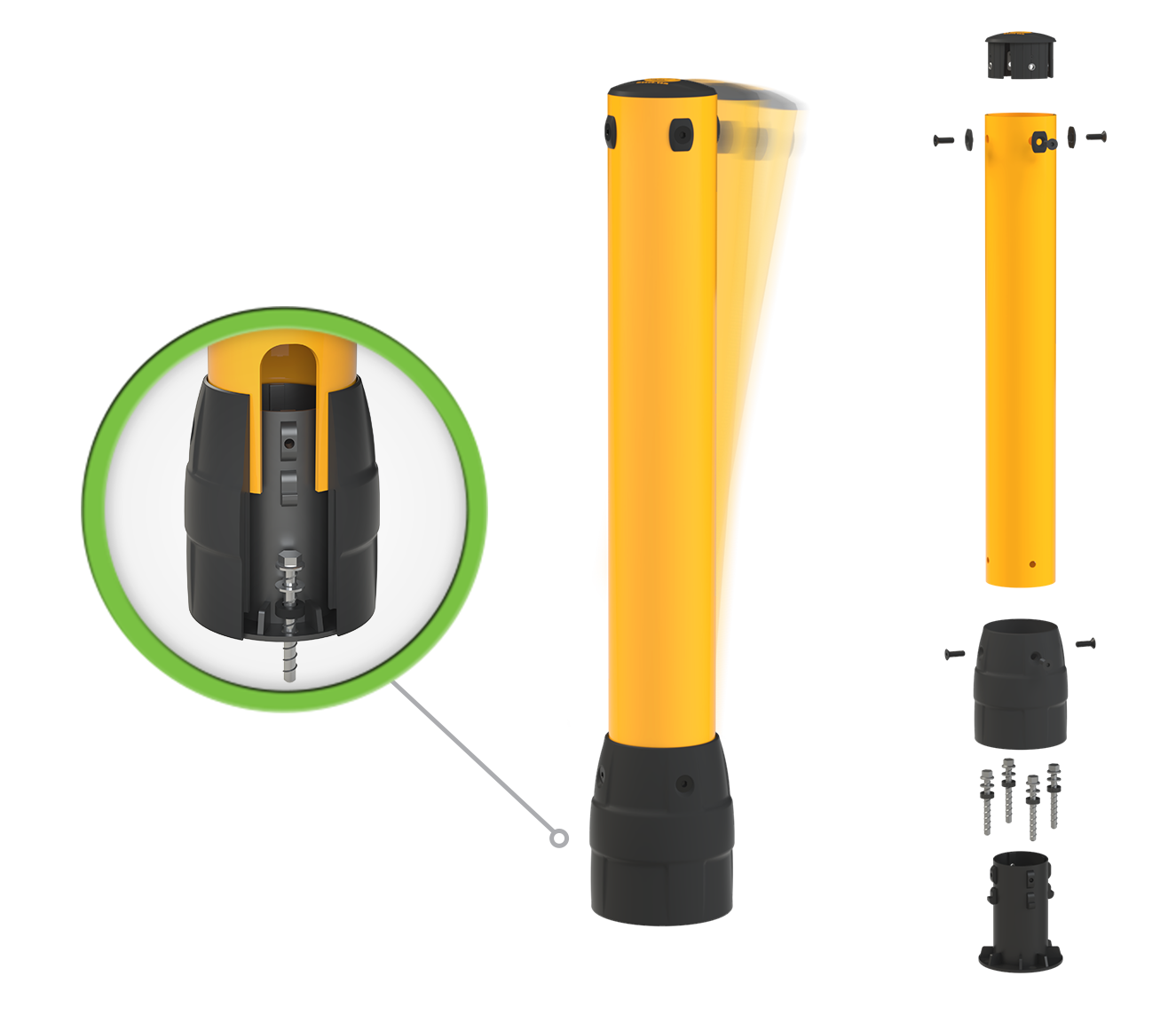 FLEX+ Bollard upright and flexing on impact, with an exploded view of the post, cover, four anchors, and PolyCore Base.