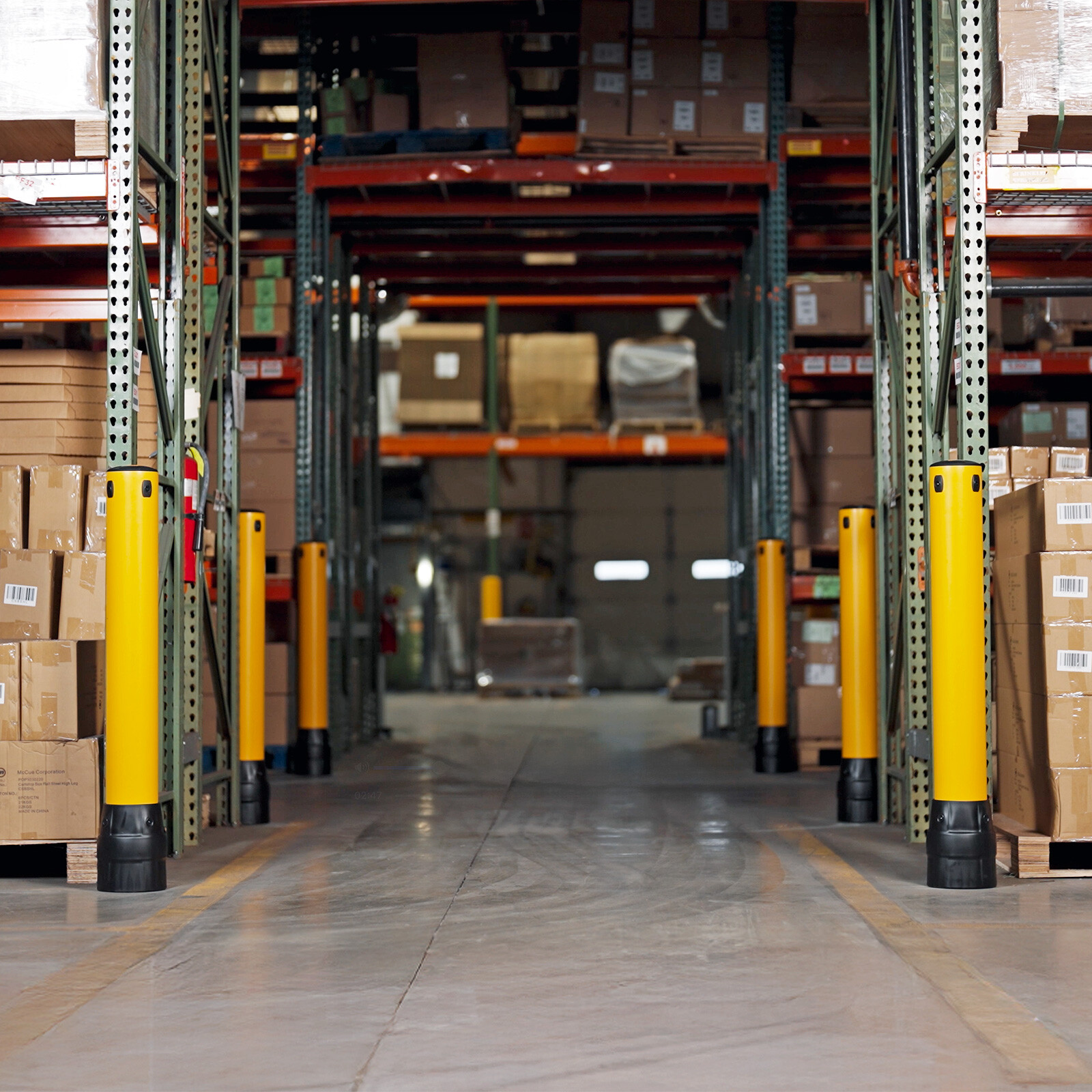 Six FLEX+ Bollards lining a racking aisle in a distribution center, guarding rack ends and corners from forklifts.