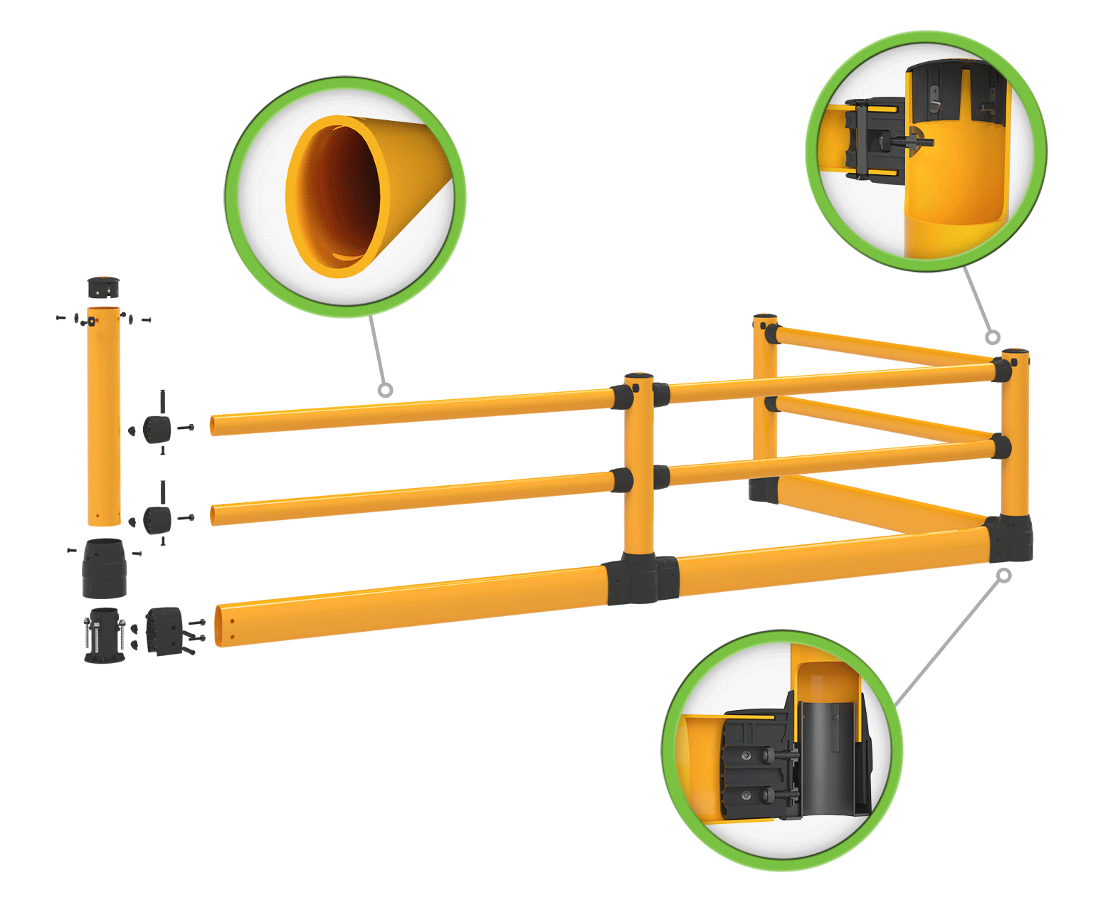 FLEX+ Pedestrian with Ground Guard diagram: exploded post, elliptical rail profile, FlexLink connector, and PolyCore Base.