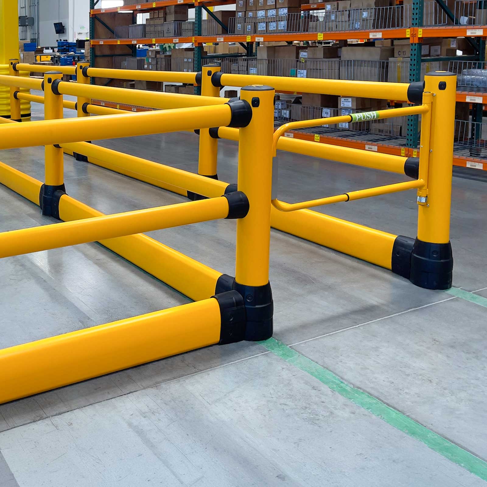 FLEX+ Pedestrian with Ground Guard with a pedestrian swing gate giving foot-traffic access through the barrier by racking.