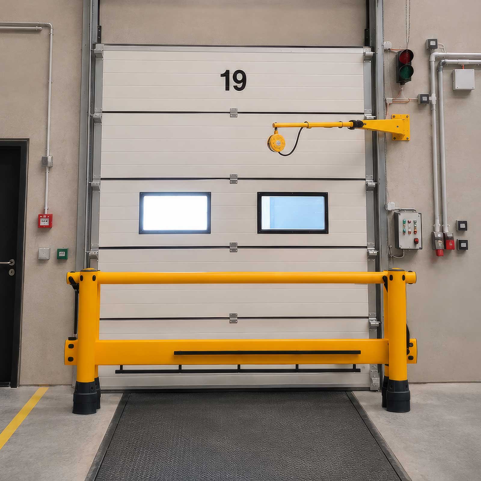 FLEX+ Safety Gate closed across a loading dock door opening, controlling forklift and pedestrian access at the dock edge