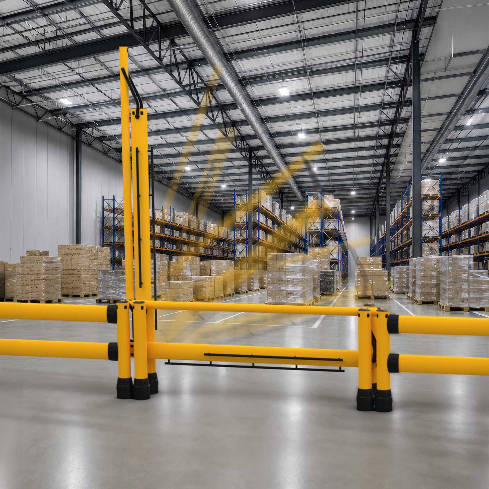 FLEX+ Safety Gate lifting vertically to open a pallet racking aisle for forklift traffic in a distribution center.