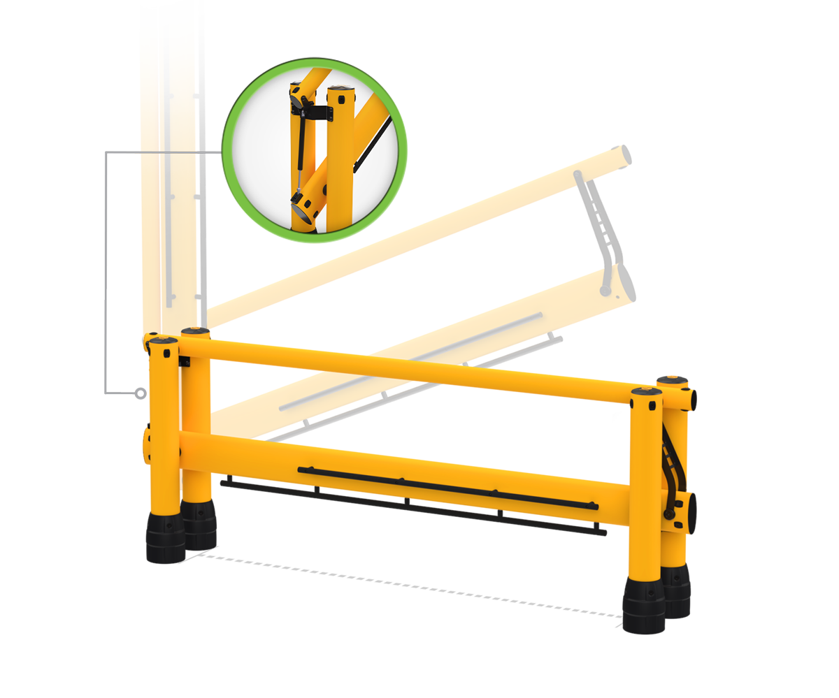 Diagram of the FLEX+ Safety Gate lifting vertically to open, with a detail callout on the gas-strut lift assistance.