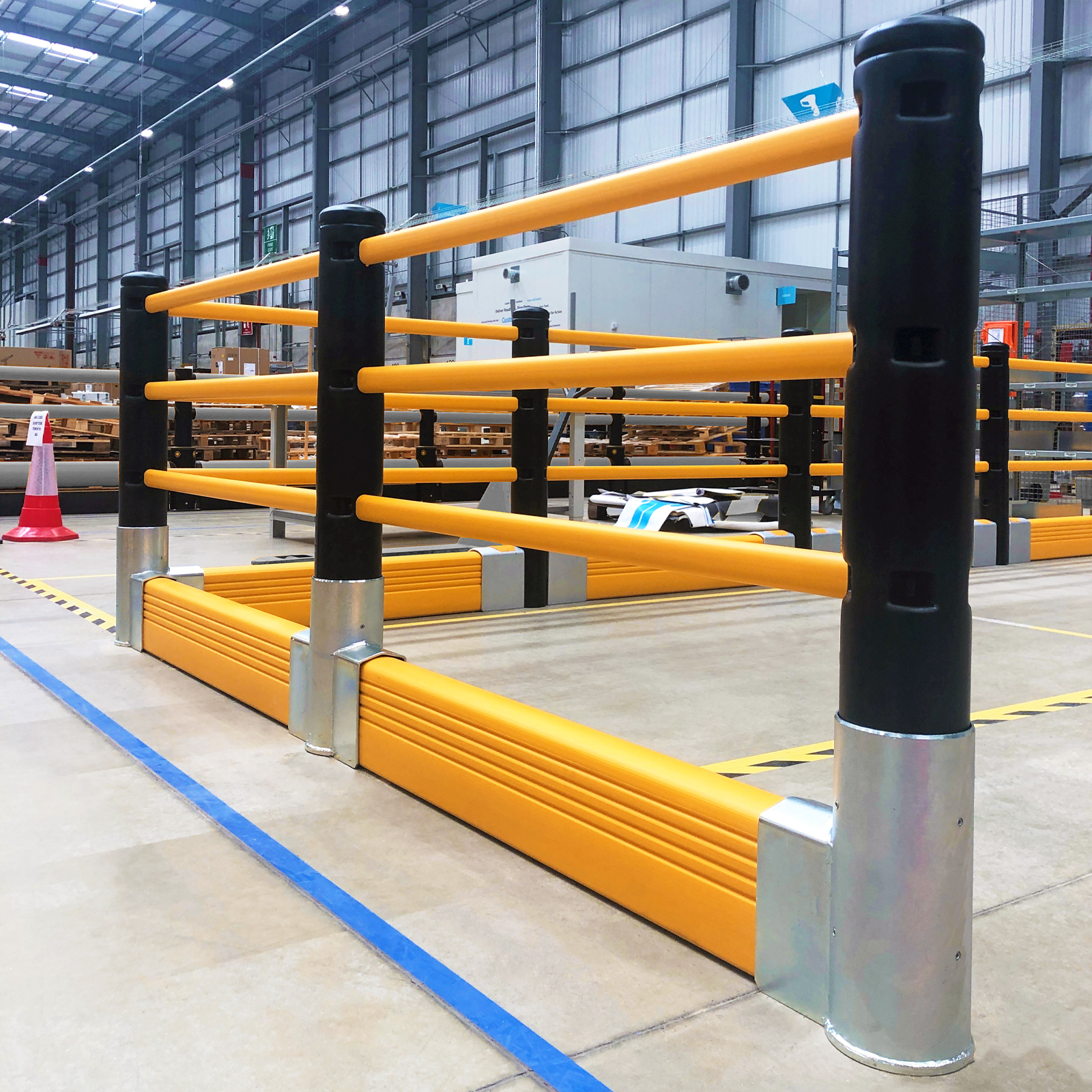 McCue Pedestrian Barrier Safety Protection with Floor Mounted Crash Barrier PLUS in Warehouse