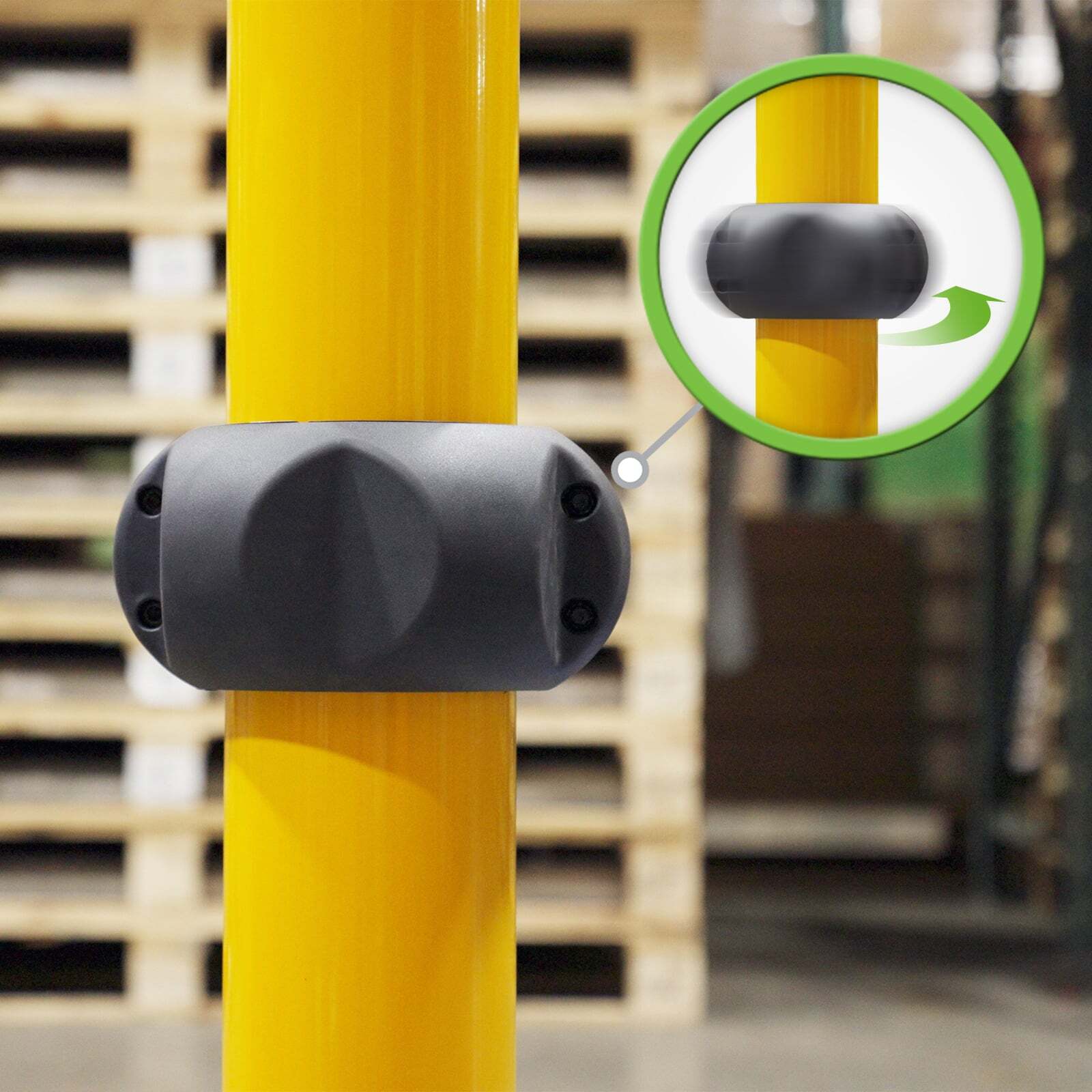 Close-up of the SafeStop Spinner add-on on a SafeStop Bollard 15, with an inset showing how it rotates on impact.