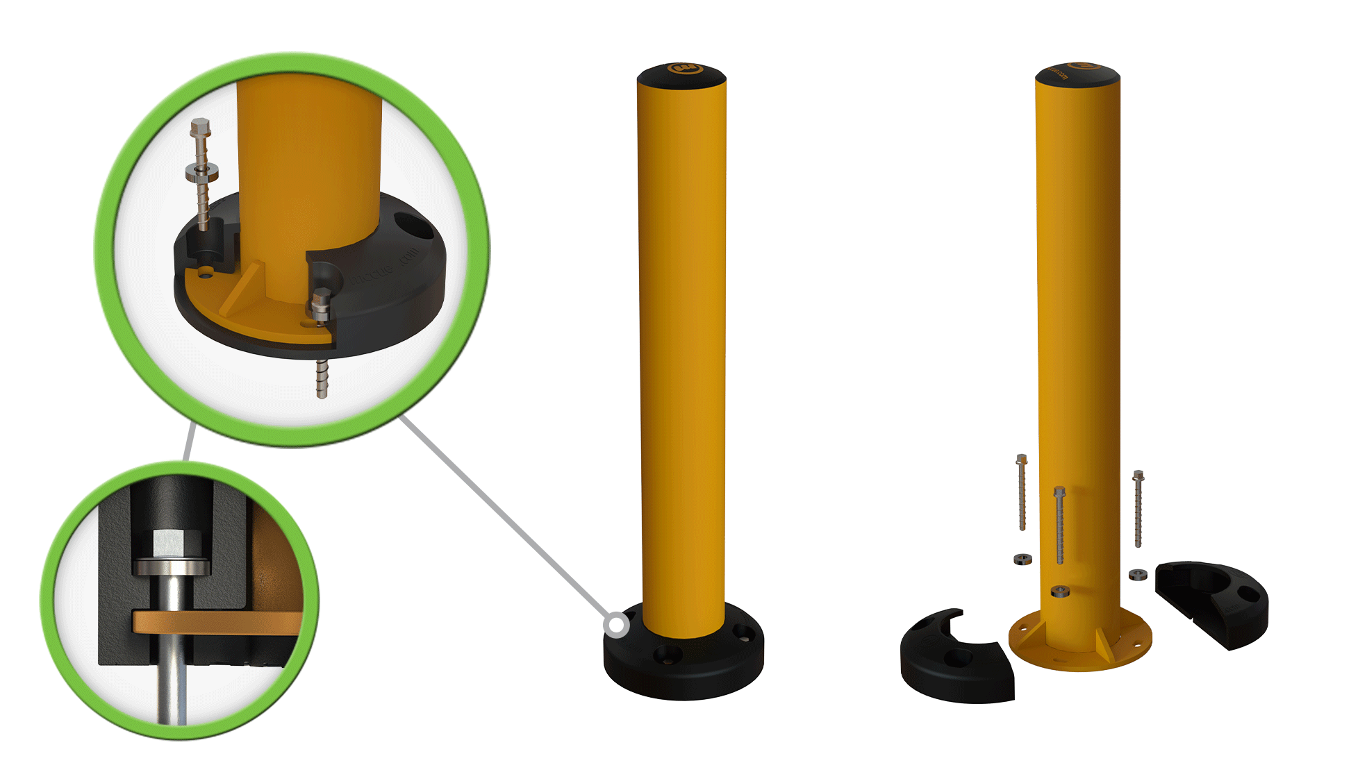 SafeStop Bollard 15 how-it-works diagram showing the four-anchor base and the Spinner add-on.