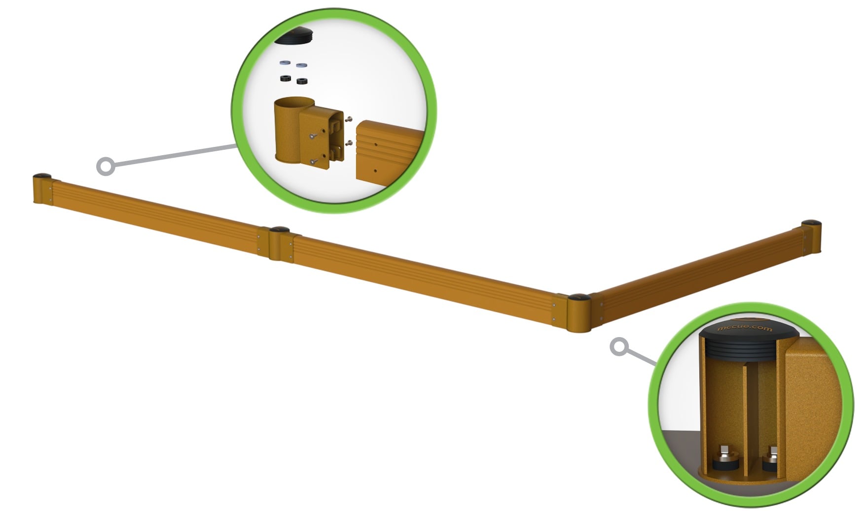 SafeStop GroundBarrier diagram of a corner run, with callouts of a rail connection and the inside of an end post.
