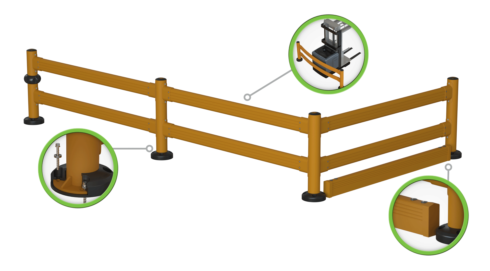 SafeStop GuardRail diagram of a corner run, with close-up callouts of its post base, add-ons, and FloorGuard.
