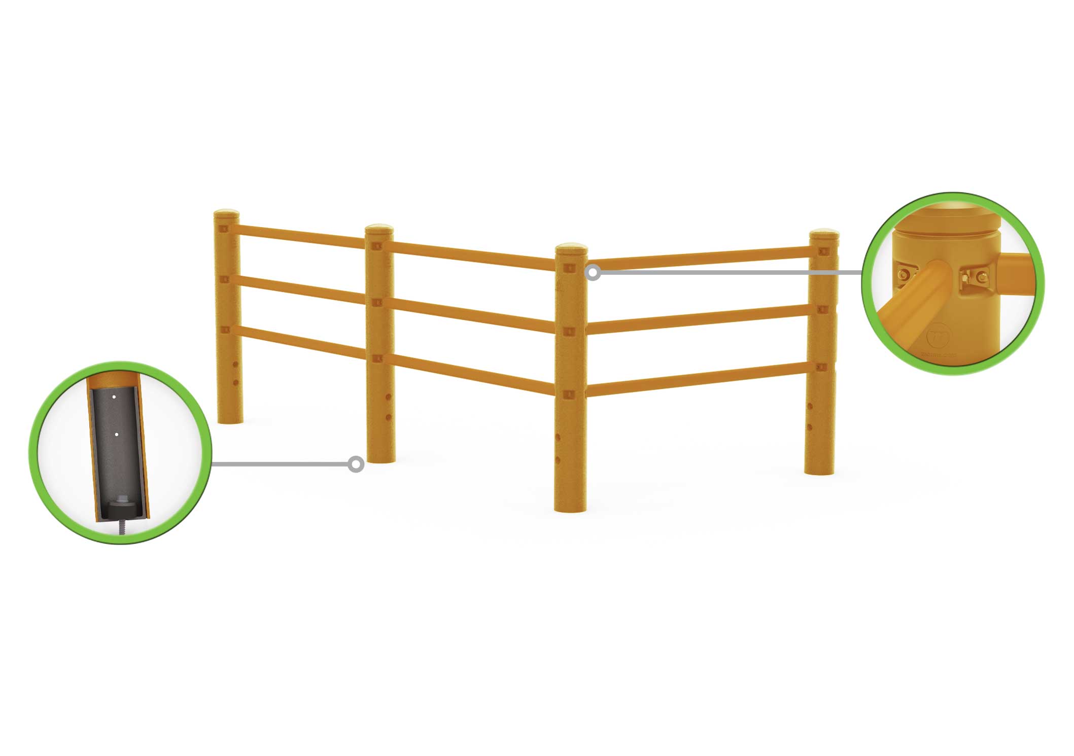 SafeStop PedestrianBarrier diagram of a three-rail corner run, with callouts of a post's metal core and a rail joint.