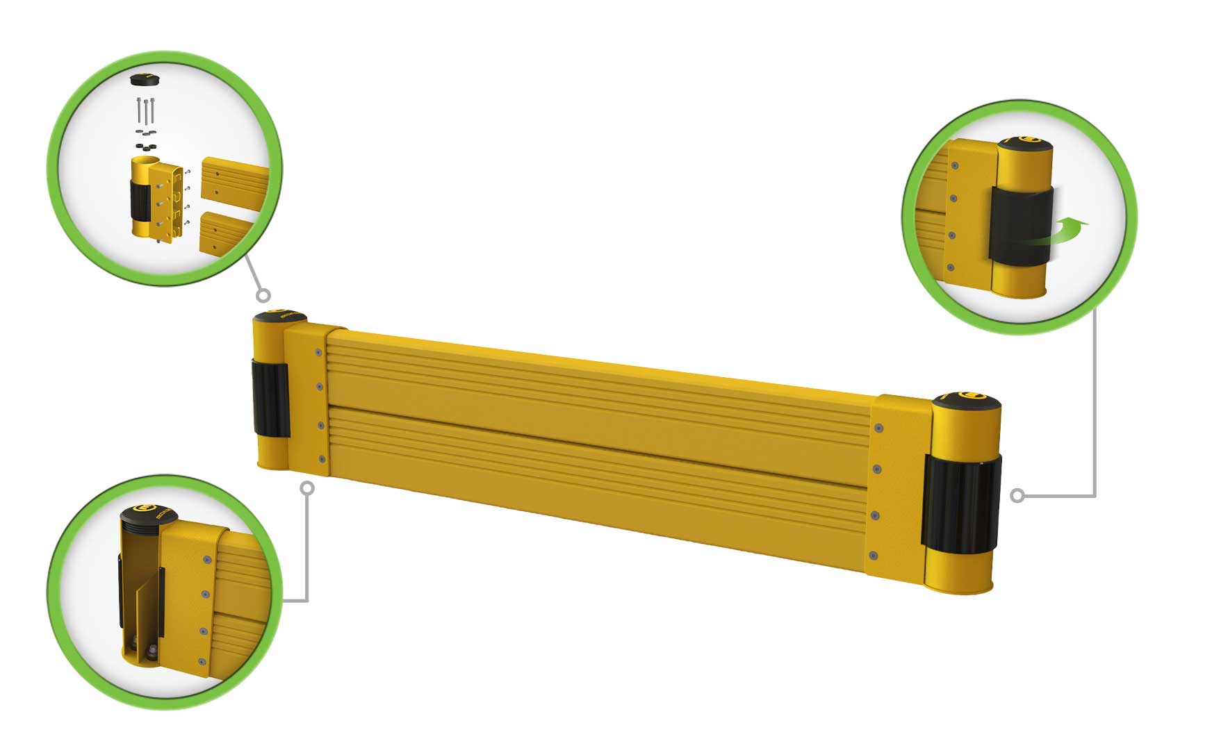 SafeStop RackEnd Protector Double diagram with callouts of its rail connection, end post, and rotating spinner.
