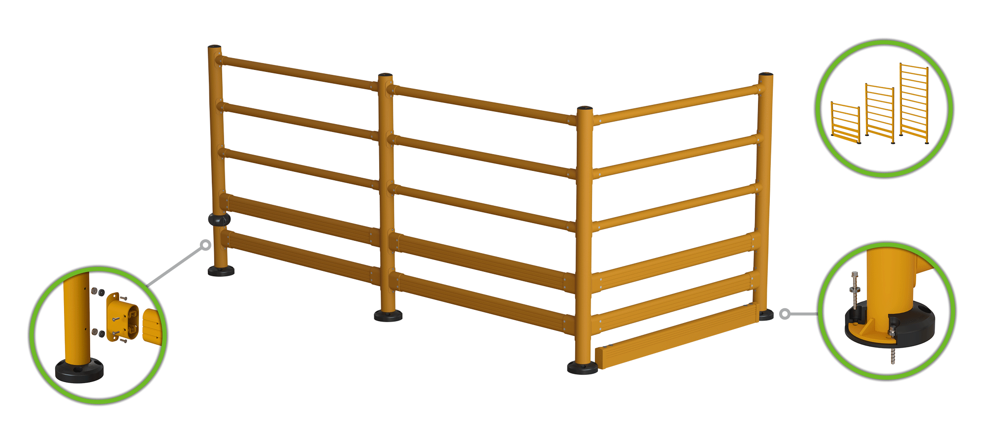 SafeStop ToppleBarrier how-it-works diagram showing the modular rails, shock-absorbing posts, and SafeStop Spinner.