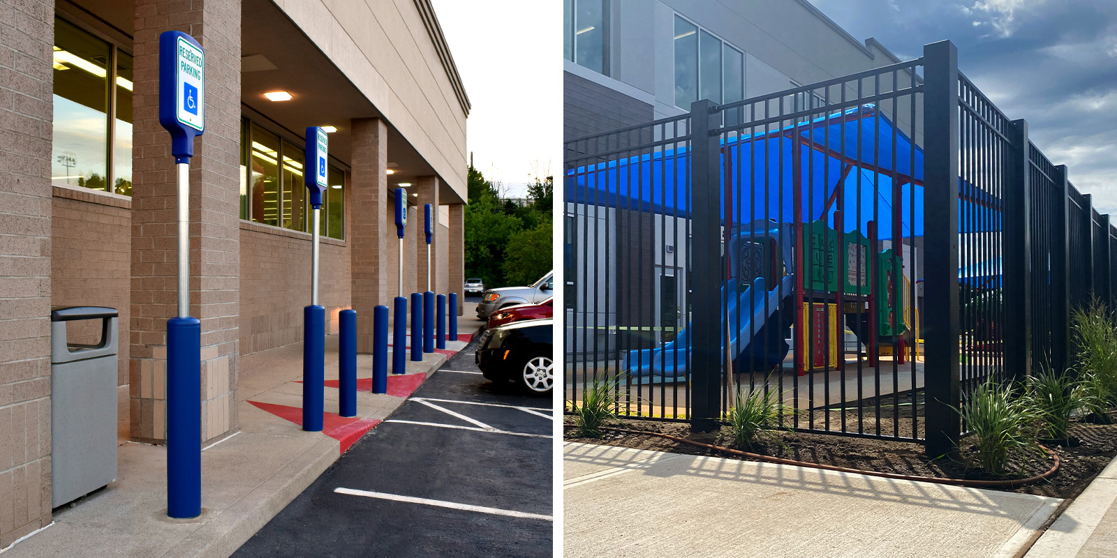 CrashCore bollards with blue covers and parking signs at a storefront, and a CrashCore Ornamental Fence around a playground.