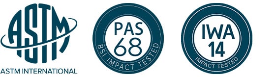 ASTM F3016, PAS 68 and IWA 14 test standard logos.