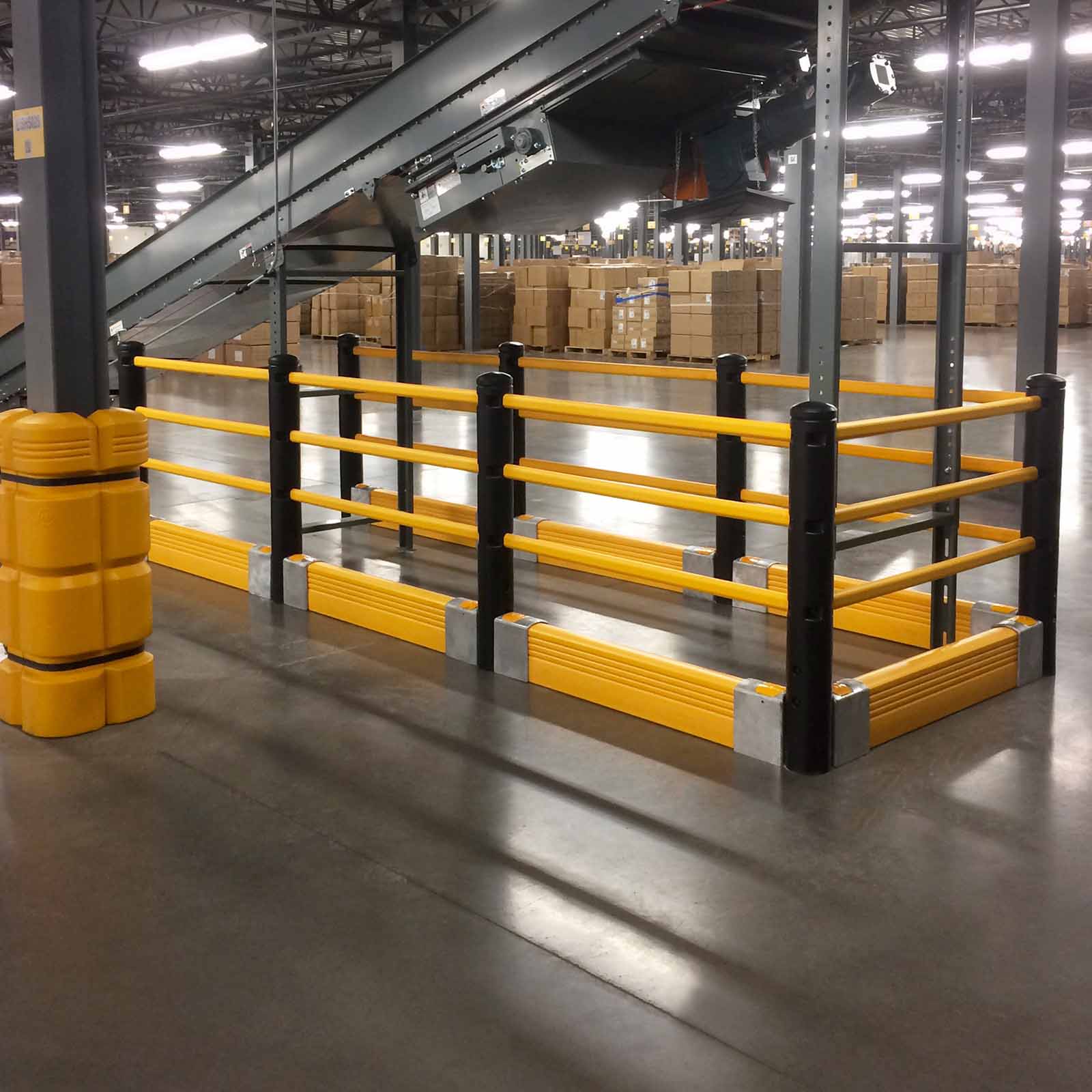 McCue Pedestrian Barrier Safety Protection with Floor Mounted Crash Barrier PLUS in Warehouse