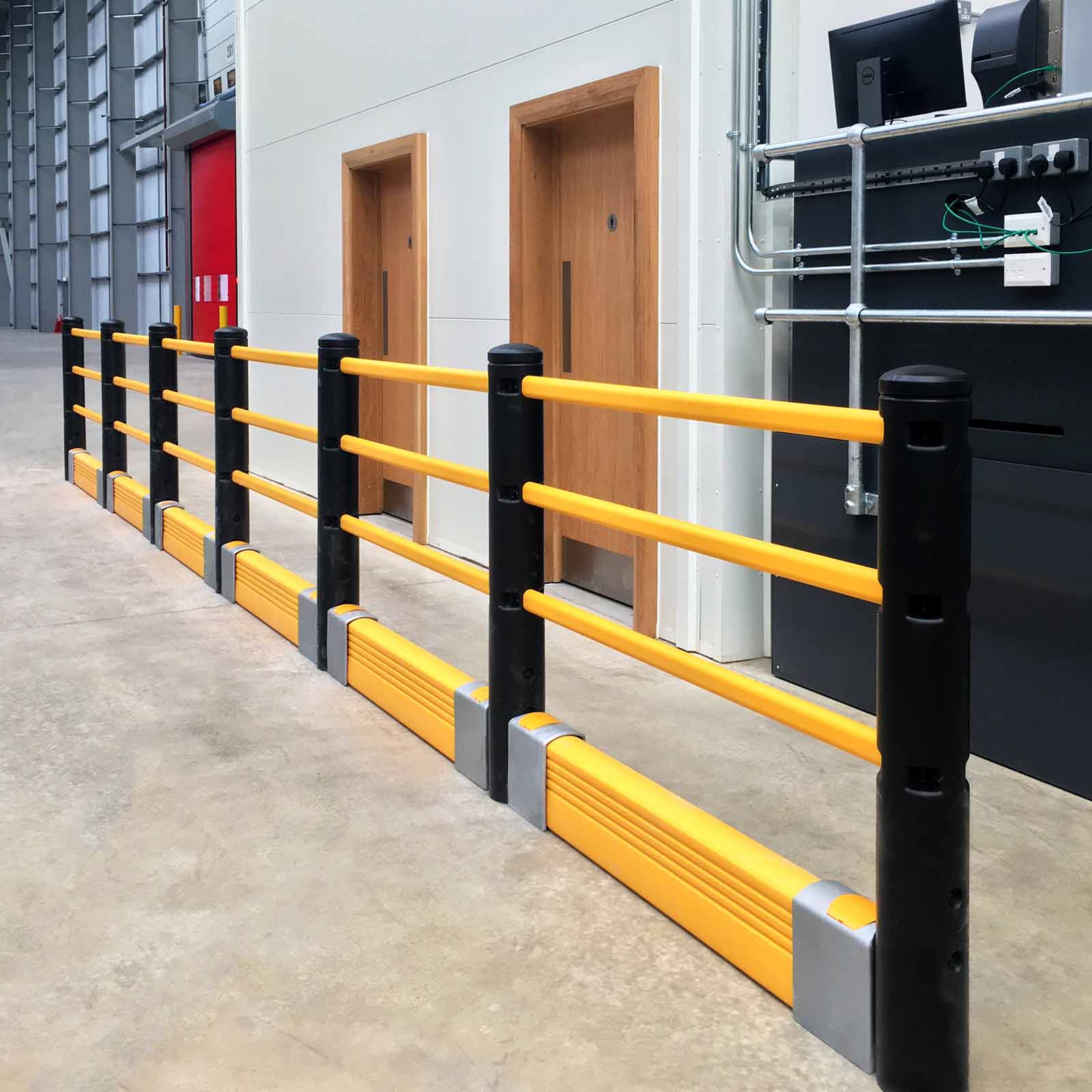 McCue Pedestrian Barrier Safety Protection with Floor Mounted Crash Barrier in Warehouse