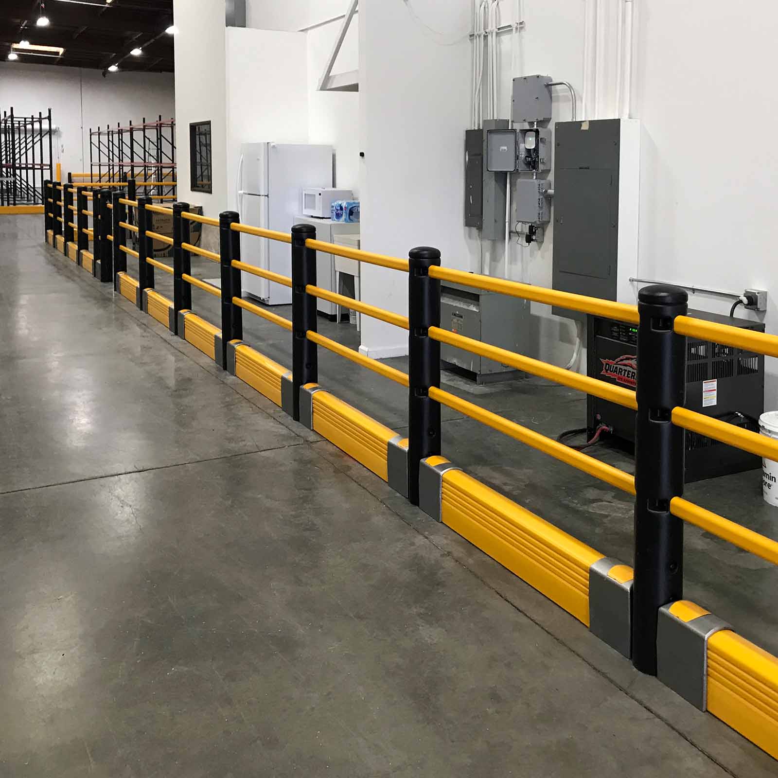 McCue Pedestrian Barrier Safety Protection with Floor Mounted Crash Barrier in Warehouse