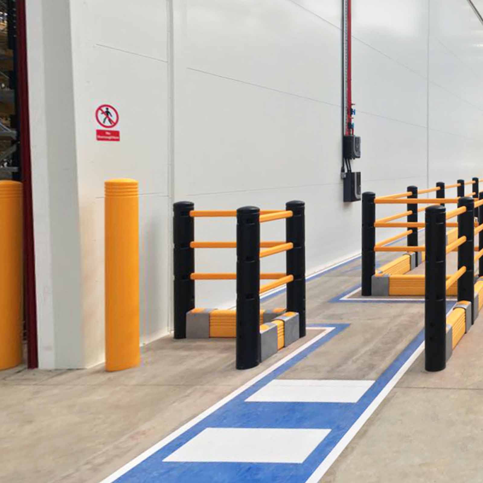 McCue Pedestrian Barrier Safety Protection with Floor Mounted Crash Barrier in Warehouse