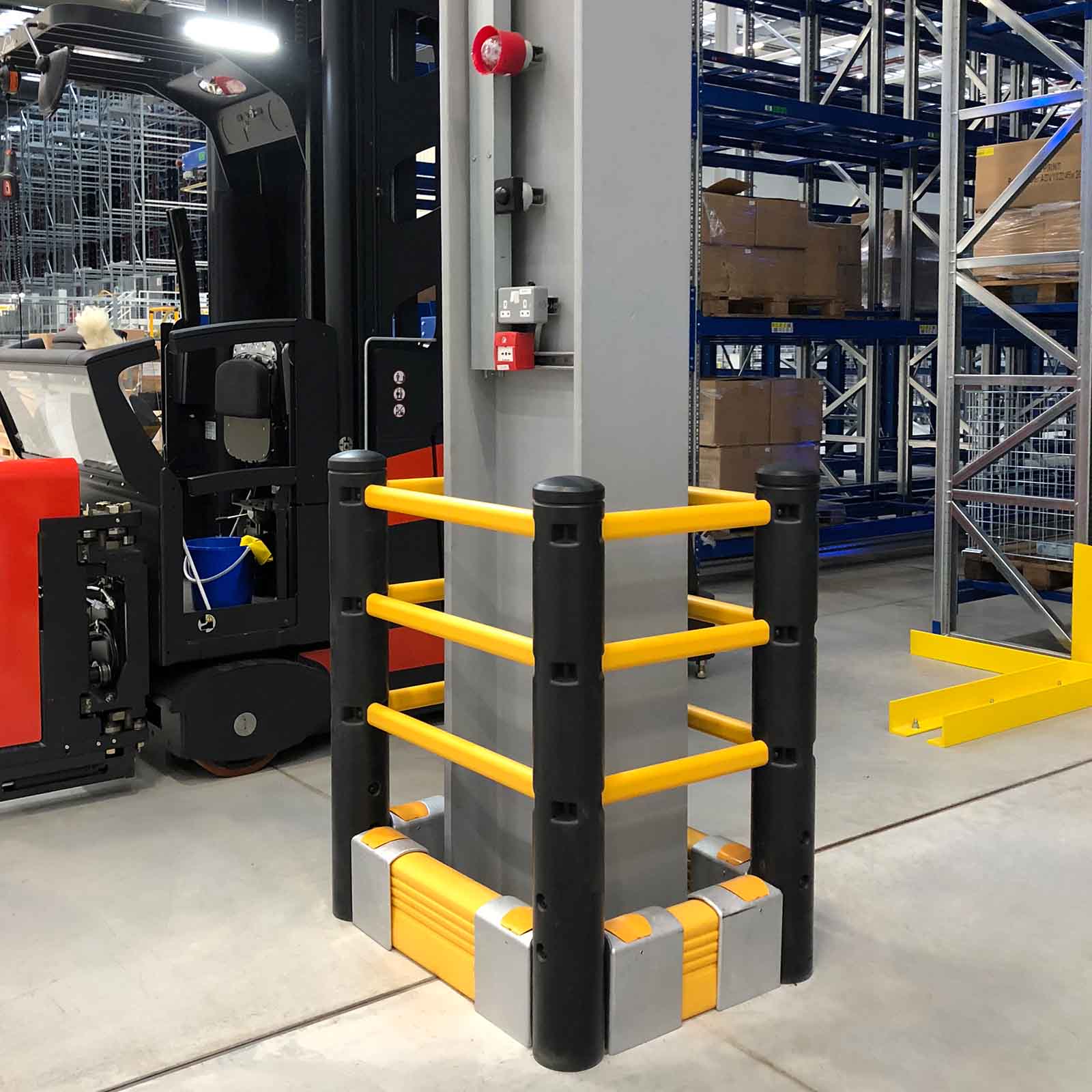 McCue Pedestrian Barrier Safety Protection with Floor Mounted Crash Barrier in Warehouse