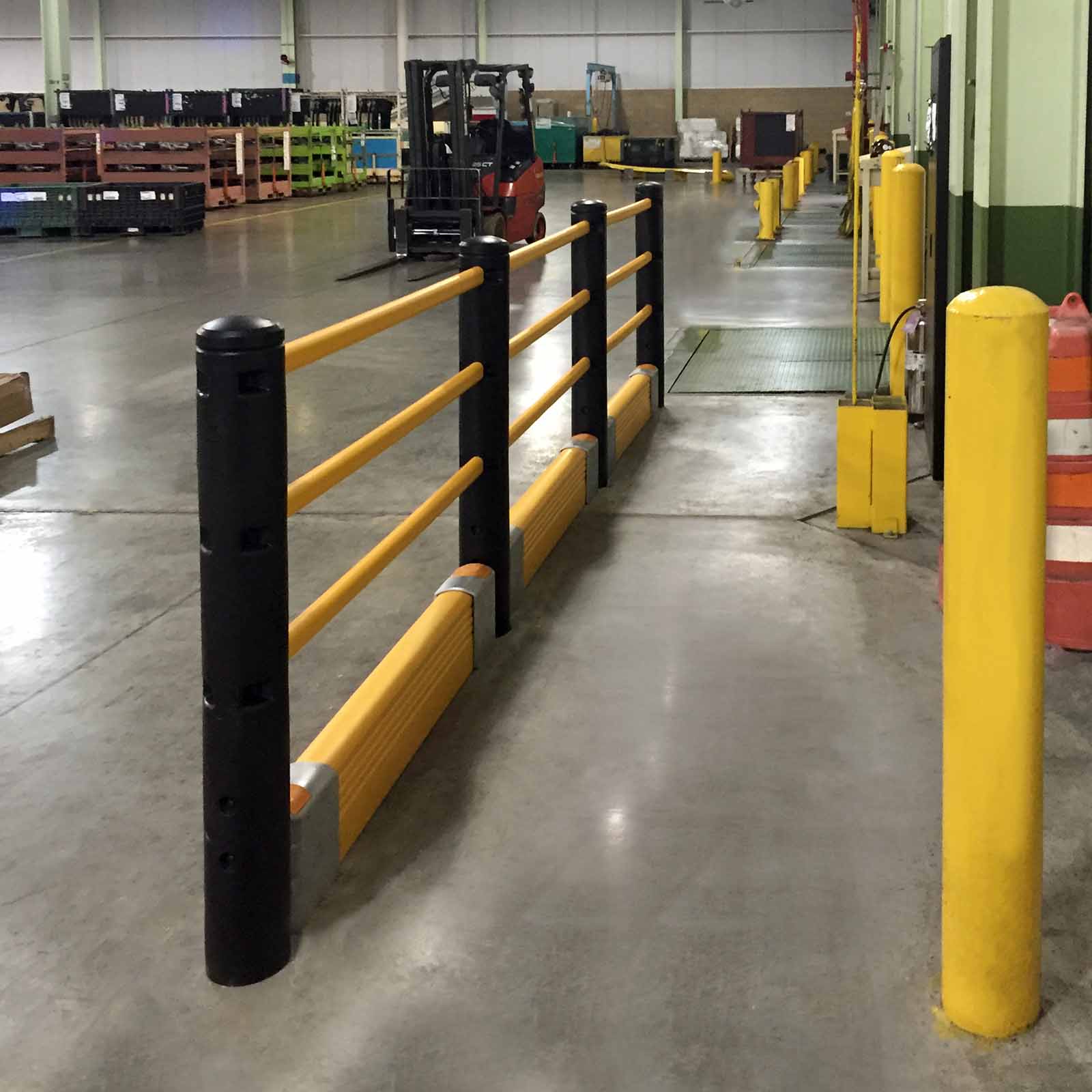 McCue Pedestrian Barrier Safety Protection with Floor Mounted Crash Barrier in Warehouse