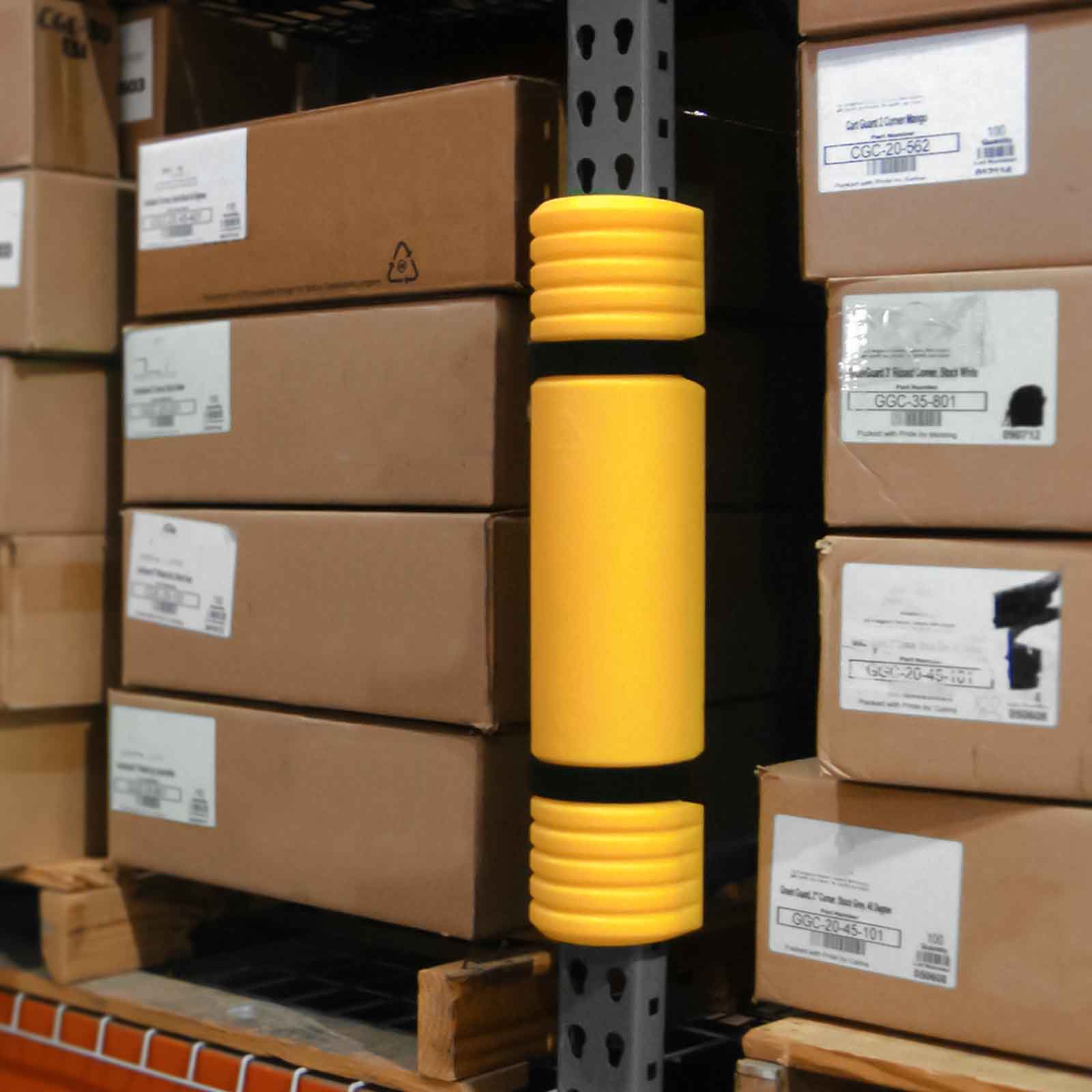Close-up of a Rack Mounted Guard showing its notched ends on a rack upright between stacked cartons.