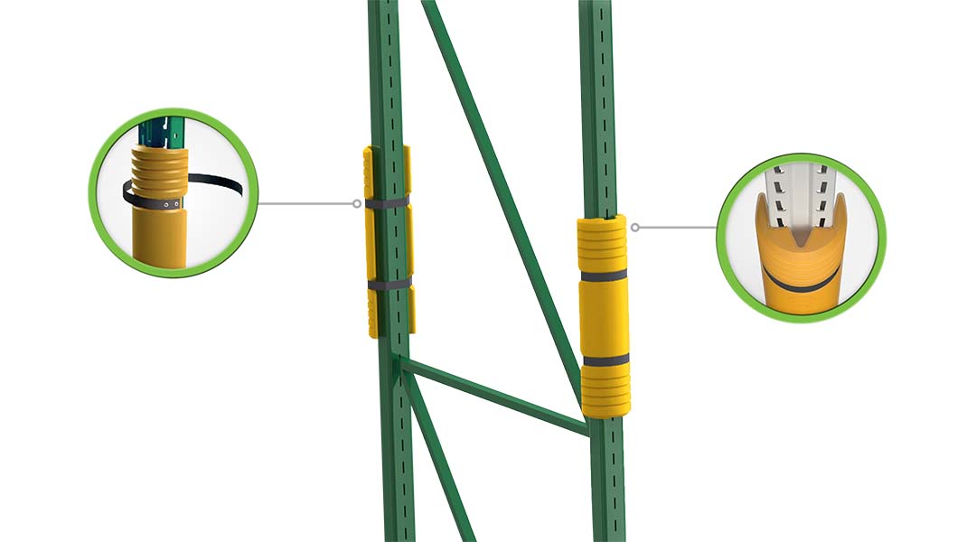 Rack Mounted Guard diagram on green rack uprights, with callouts of its hook-and-loop strap and notched half-round shape.