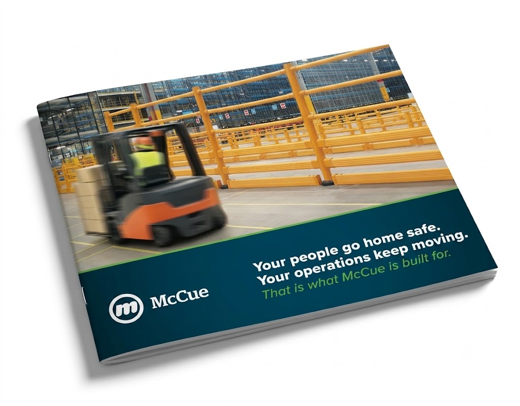 Cover of McCue's industrial safety barrier brochure showing engineered impact protection for warehouse and distribution facilities